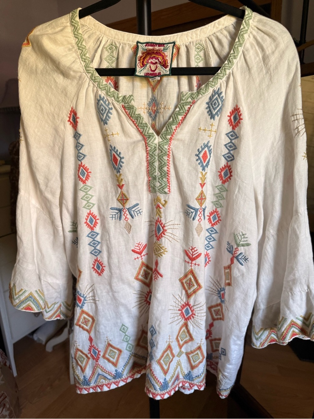 Johnny Was White Embroidered Tunic with Coral, Blue and Green Folk Motifs